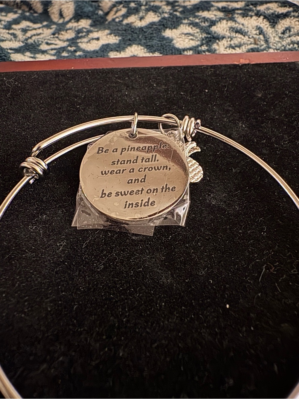 Silver Pineapple Charm Bangle Bracelet - Inspirational Quote